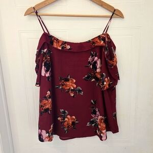 XL Revamped Off The Shoulder Spaghetti Strap Floral Burgundy Top